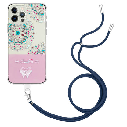 ELECTROPRIME For iPhone 15 Bronzing Butterfly Flower TPU Phone Case with Lanyard(Peacock Flower)