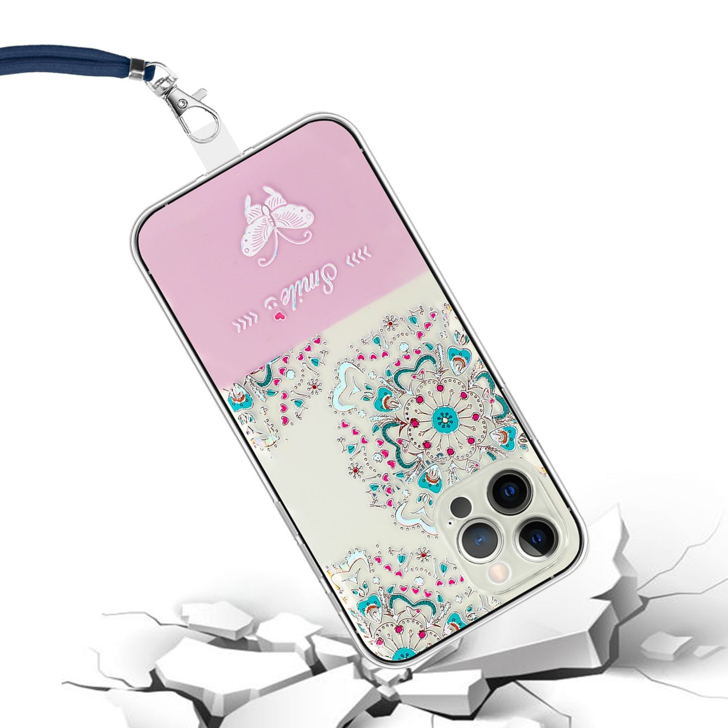 ELECTROPRIME For iPhone 15 Bronzing Butterfly Flower TPU Phone Case with Lanyard(Peacock Flower)