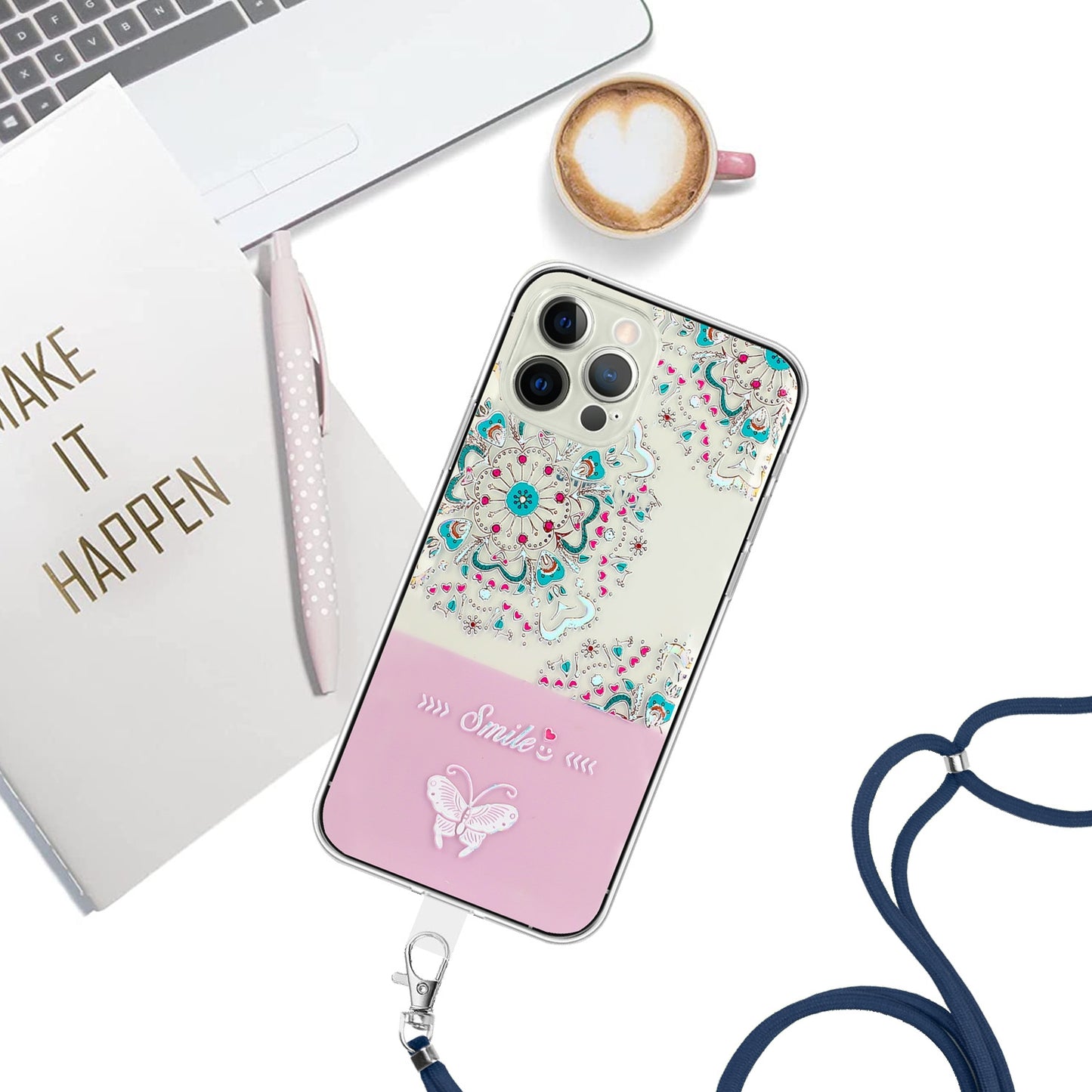 ELECTROPRIME For iPhone 15 Bronzing Butterfly Flower TPU Phone Case with Lanyard(Peacock Flower)