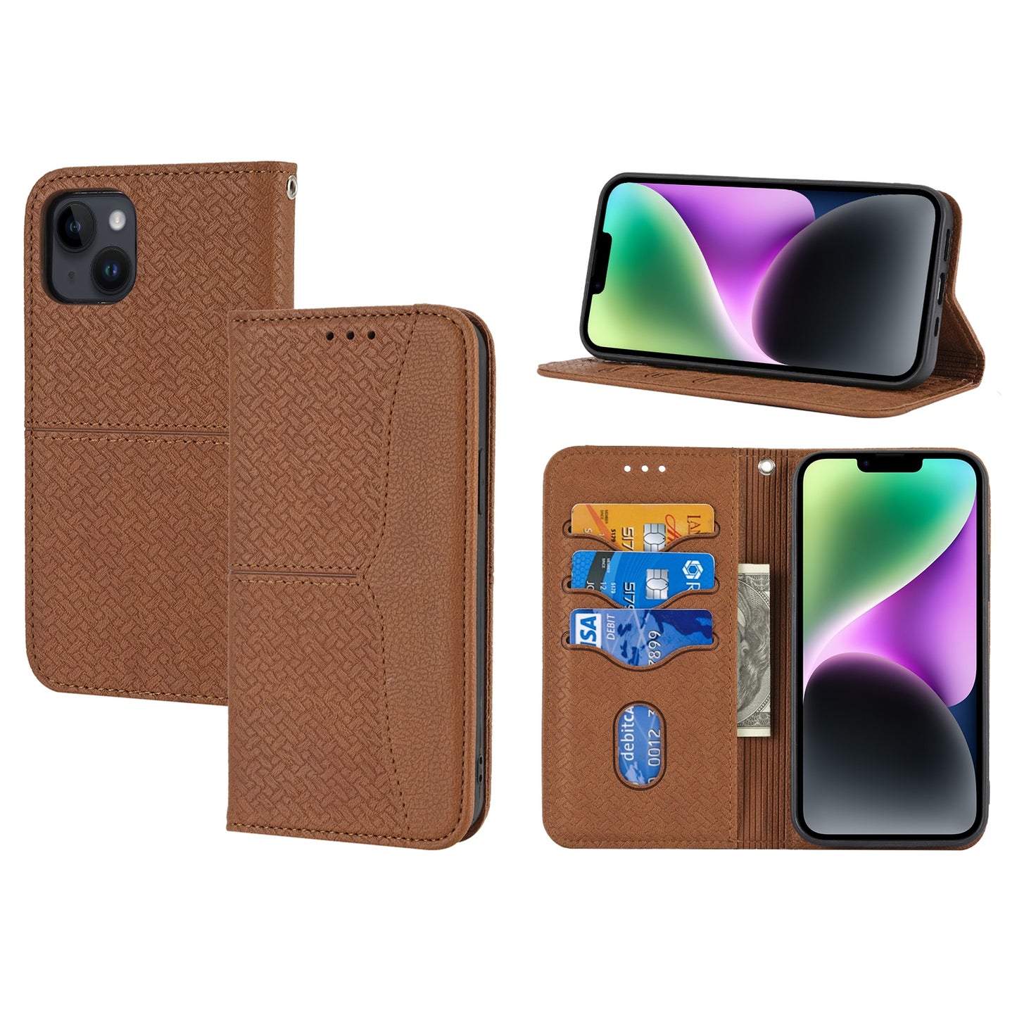 ELECTROPRIME For iPhone 15 Woven Texture Stitching Magnetic Leather Phone Case(Brown)
