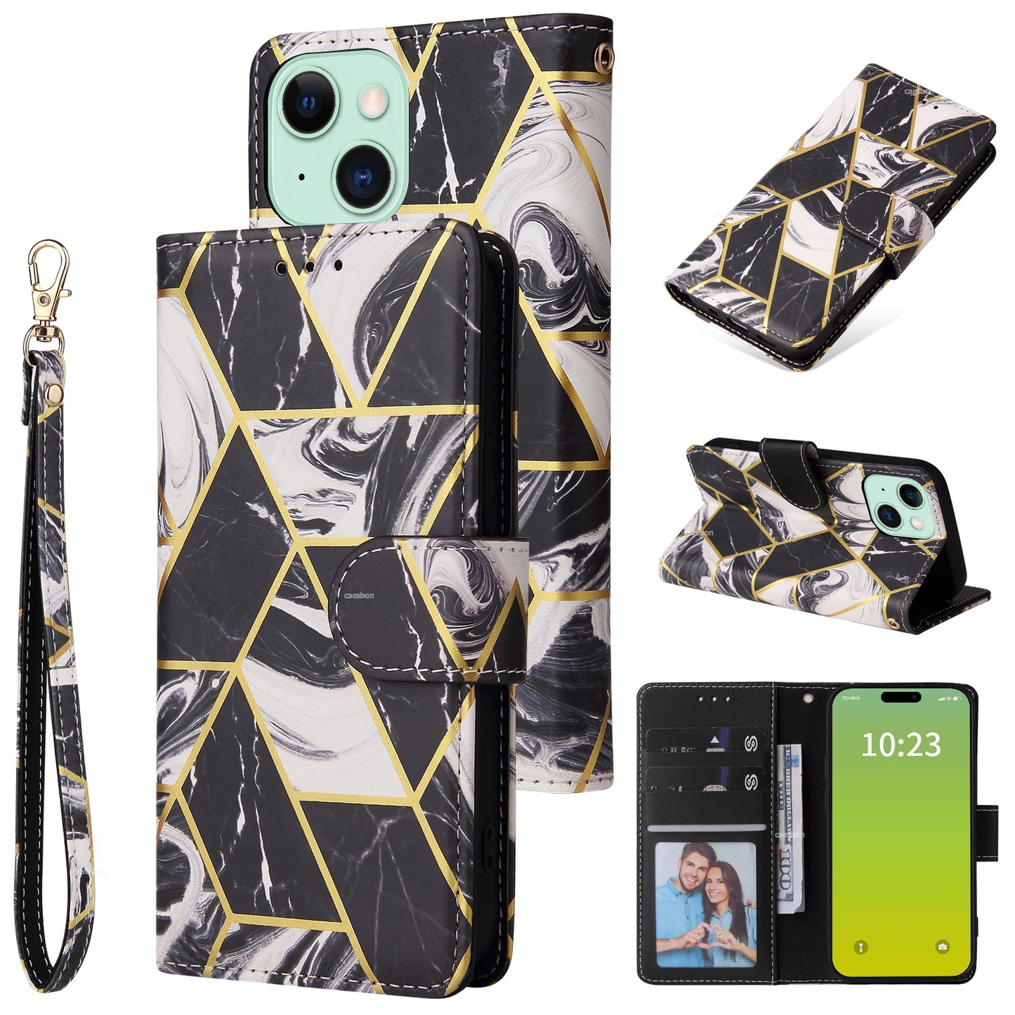 ELECTROPRIME For iPhone 15 Marble Bronzing Stitching Leather Phone Case(Black)
