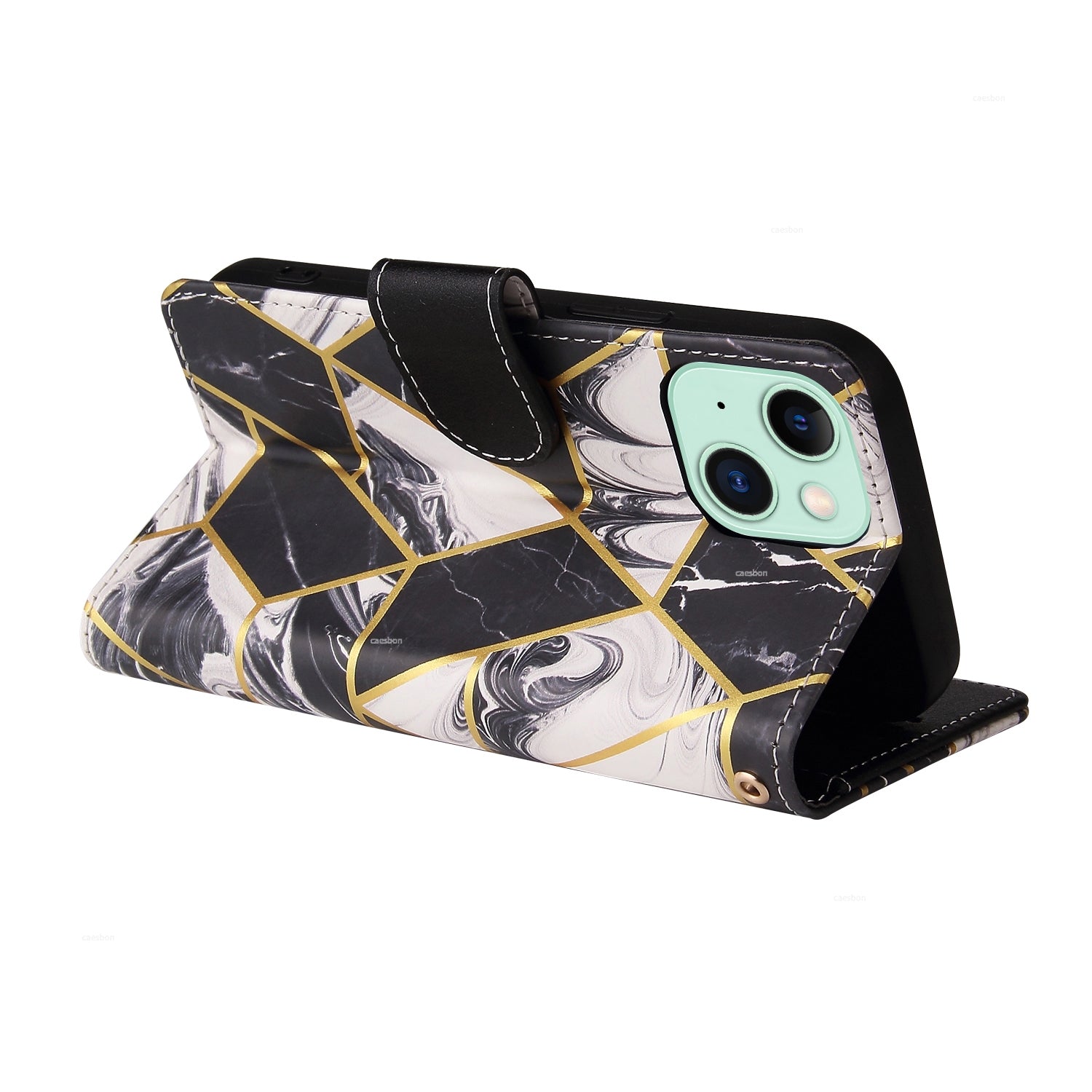 ELECTROPRIME For iPhone 15 Marble Bronzing Stitching Leather Phone Case(Black)