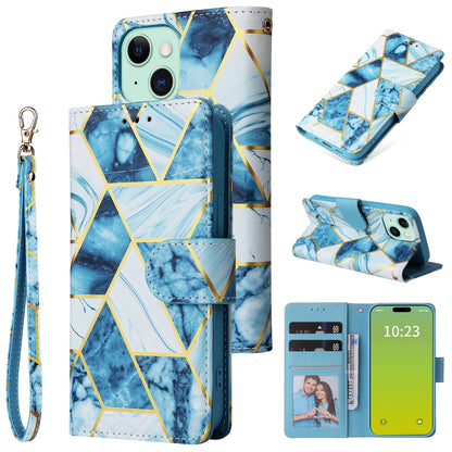 ELECTROPRIME For iPhone 15 Marble Bronzing Stitching Leather Phone Case(Blue)