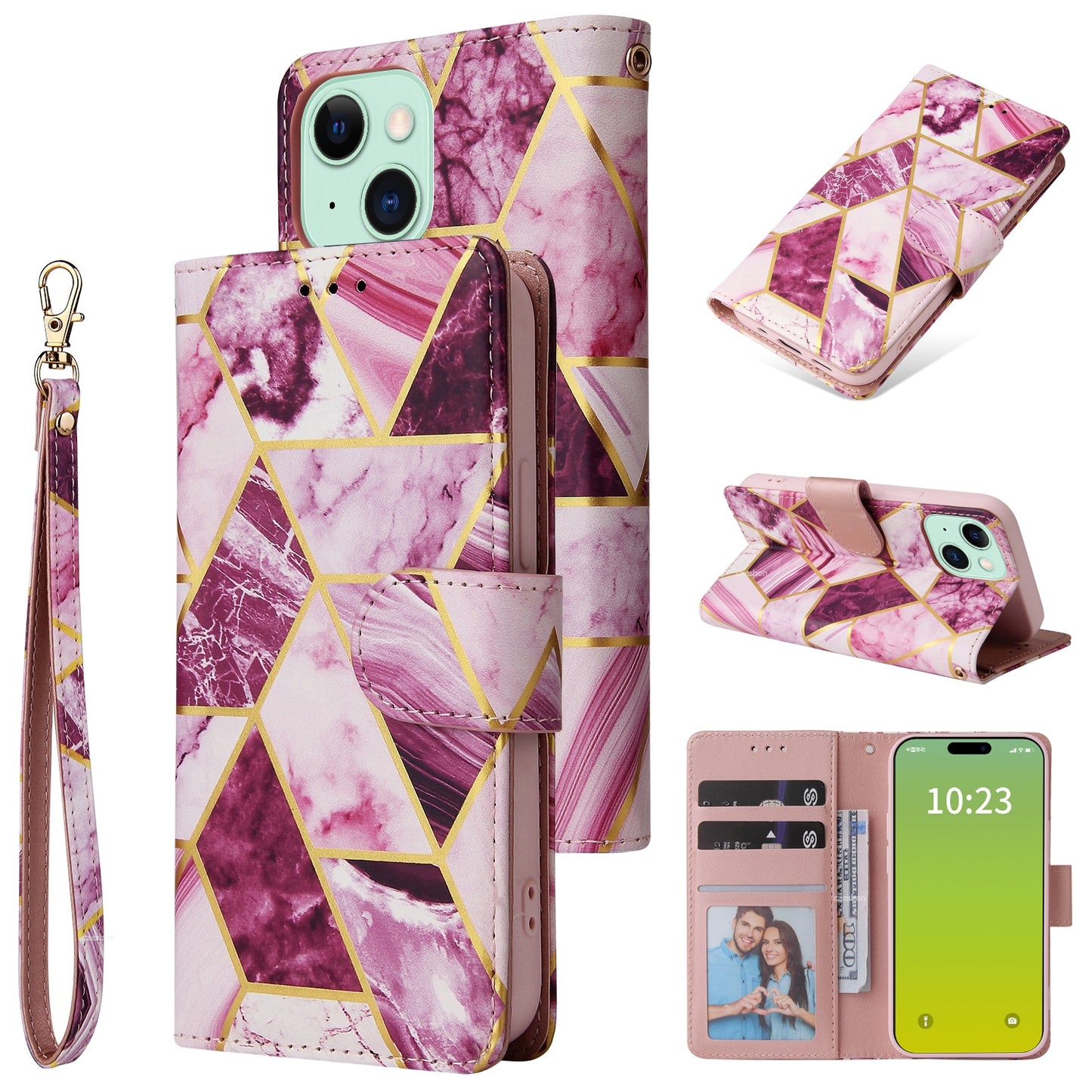 ELECTROPRIME For iPhone 15 Marble Bronzing Stitching Leather Phone Case(Purple)