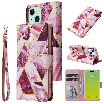 ELECTROPRIME For iPhone 15 Marble Bronzing Stitching Leather Phone Case(Purple)