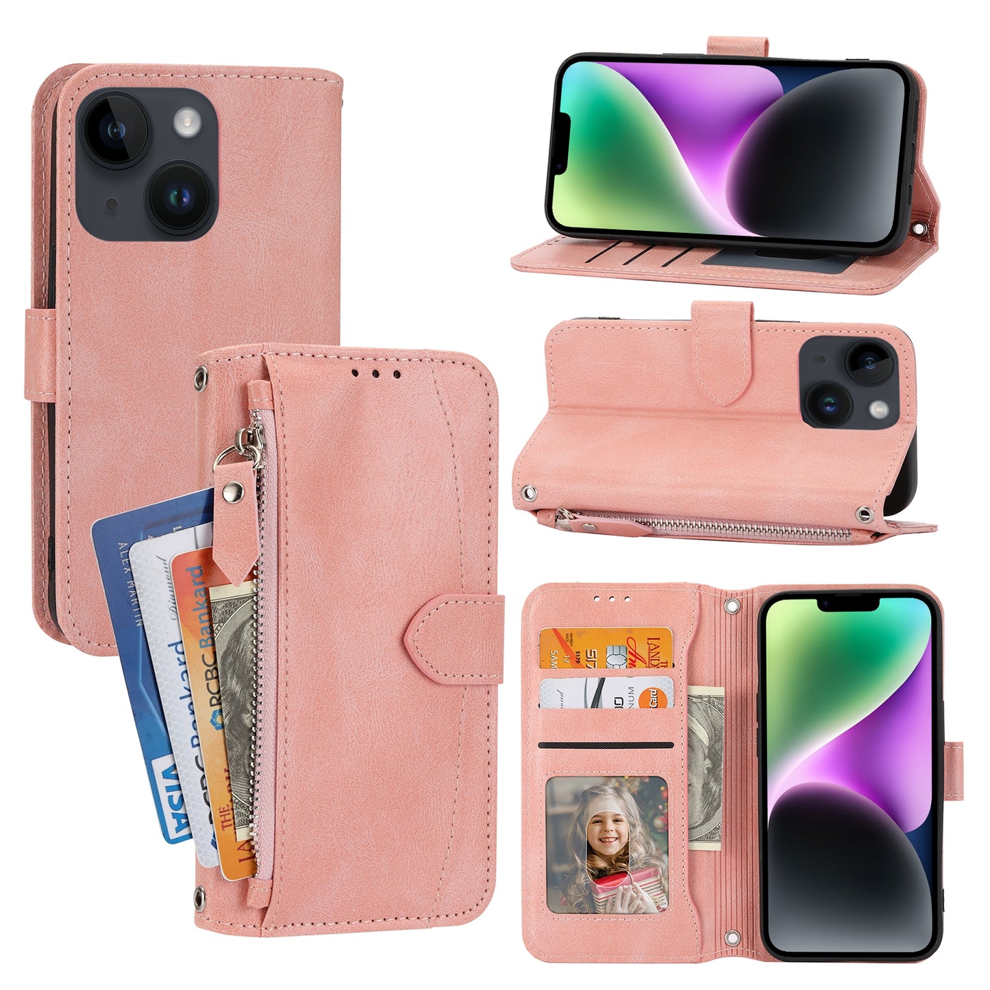 ELECTROPRIME For iPhone 15 Oil Skin Zipper Wallet Leather Phone Case(Pink)