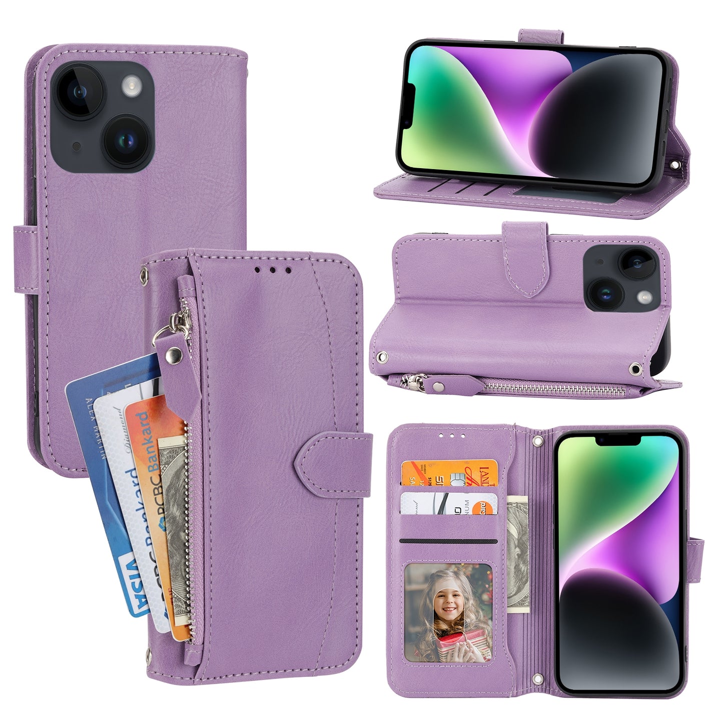 ELECTROPRIME For iPhone 15 Oil Skin Zipper Wallet Leather Phone Case(Purple)