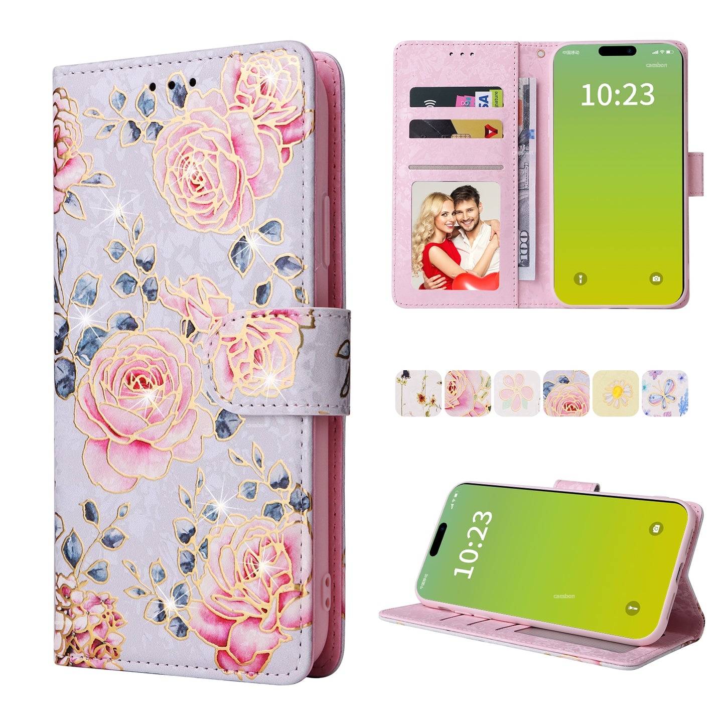 ELECTROPRIME For iPhone 15 Bronzing Painting RFID Leather Case(Pastoral Rose)