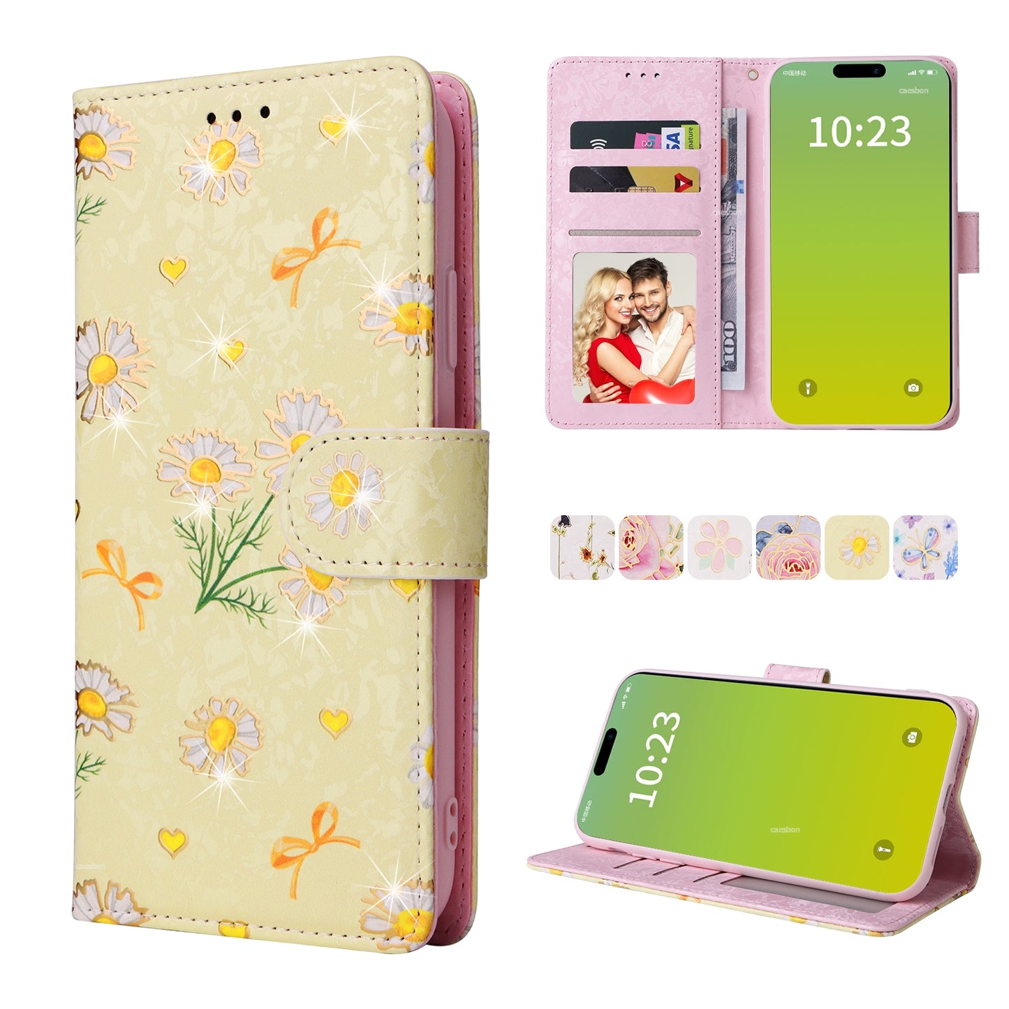 ELECTROPRIME For iPhone 15 Bronzing Painting RFID Leather Case(Yellow Daisy)