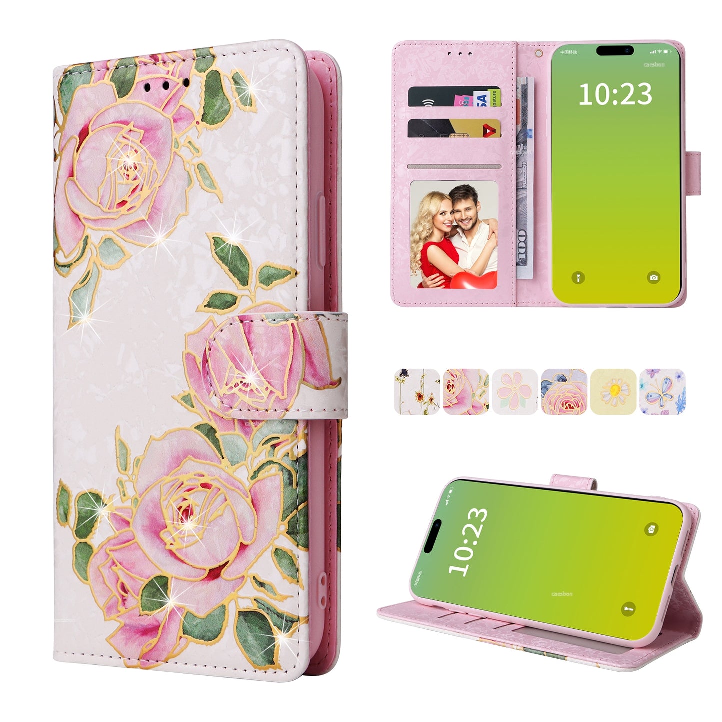 ELECTROPRIME For iPhone 15 Bronzing Painting RFID Leather Case(Rose Flower)