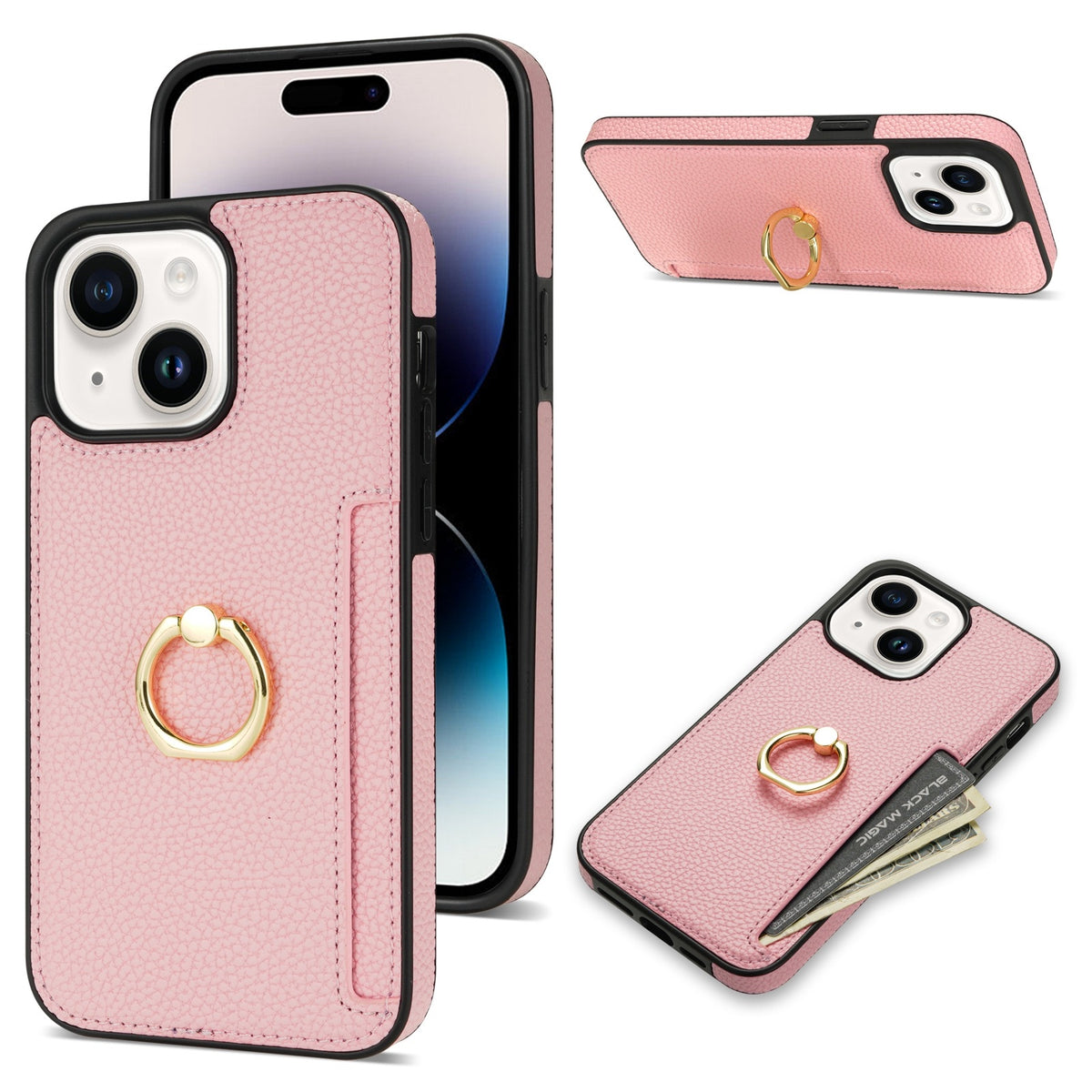 ELECTROPRIME For iPhone 15 Plus Ring Card  Litchi Leather Back Phone Case(Pink)