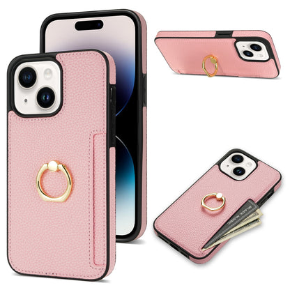 ELECTROPRIME For iPhone 15 Plus Ring Card  Litchi Leather Back Phone Case(Pink)