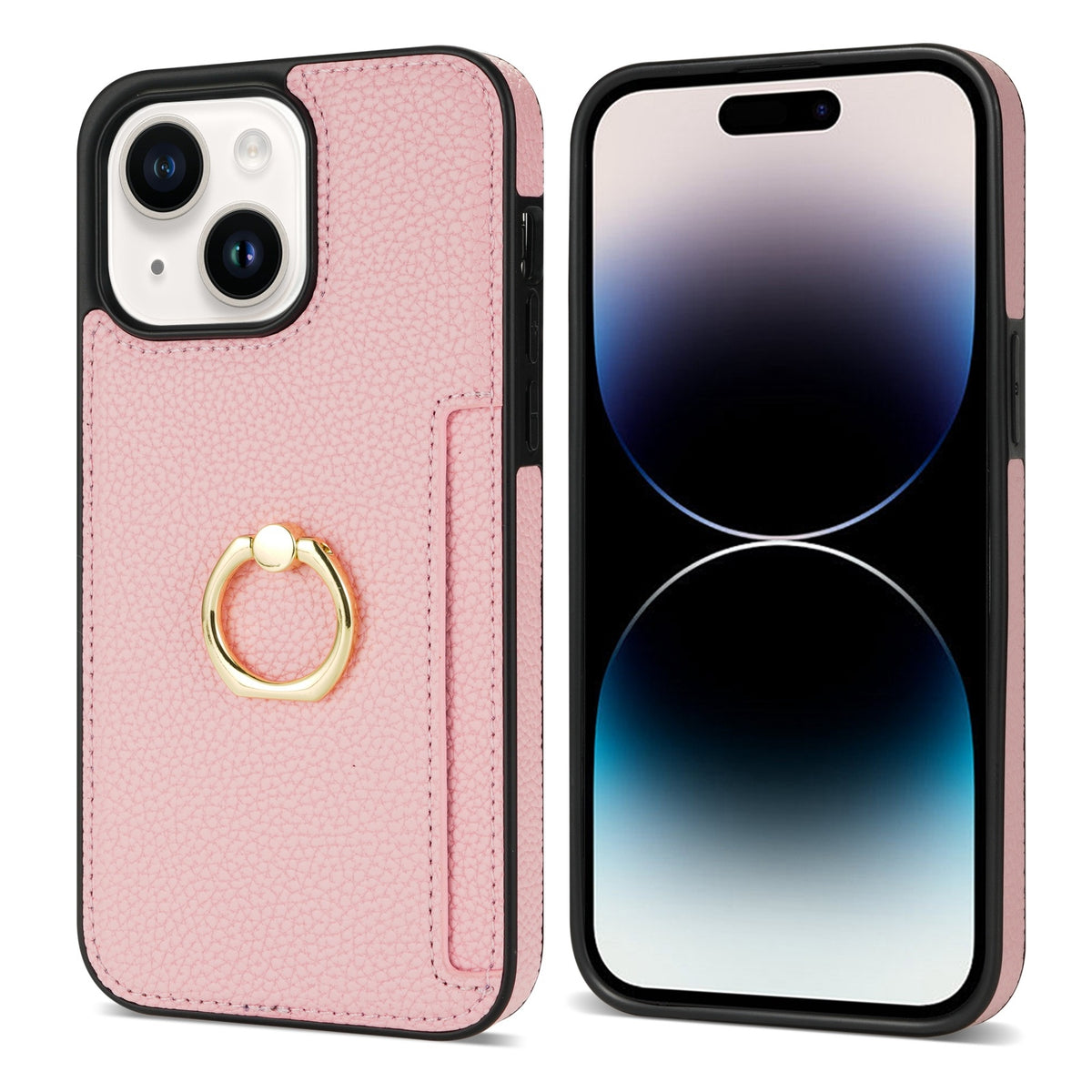 ELECTROPRIME For iPhone 15 Plus Ring Card  Litchi Leather Back Phone Case(Pink)