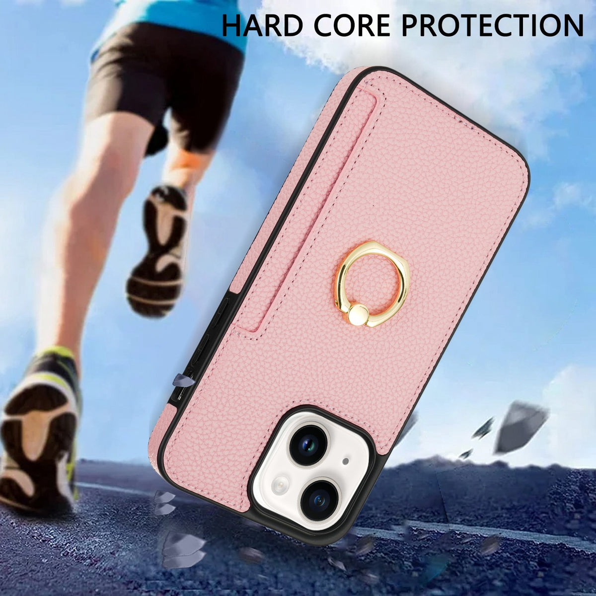 ELECTROPRIME For iPhone 15 Plus Ring Card  Litchi Leather Back Phone Case(Pink)