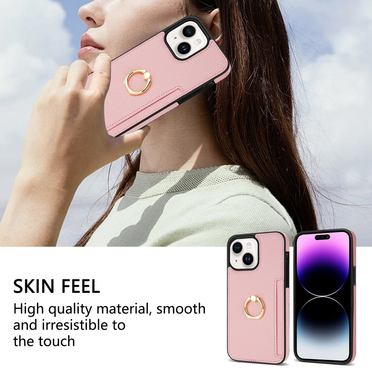 ELECTROPRIME For iPhone 15 Plus Ring Card  Litchi Leather Back Phone Case(Pink)