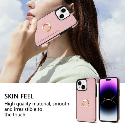 ELECTROPRIME For iPhone 15 Plus Ring Card  Litchi Leather Back Phone Case(Pink)