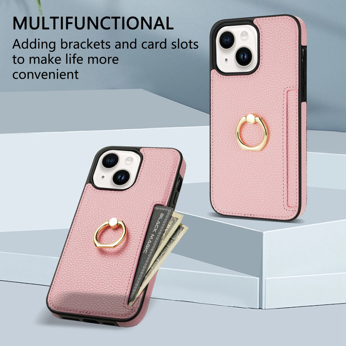 ELECTROPRIME For iPhone 15 Plus Ring Card  Litchi Leather Back Phone Case(Pink)