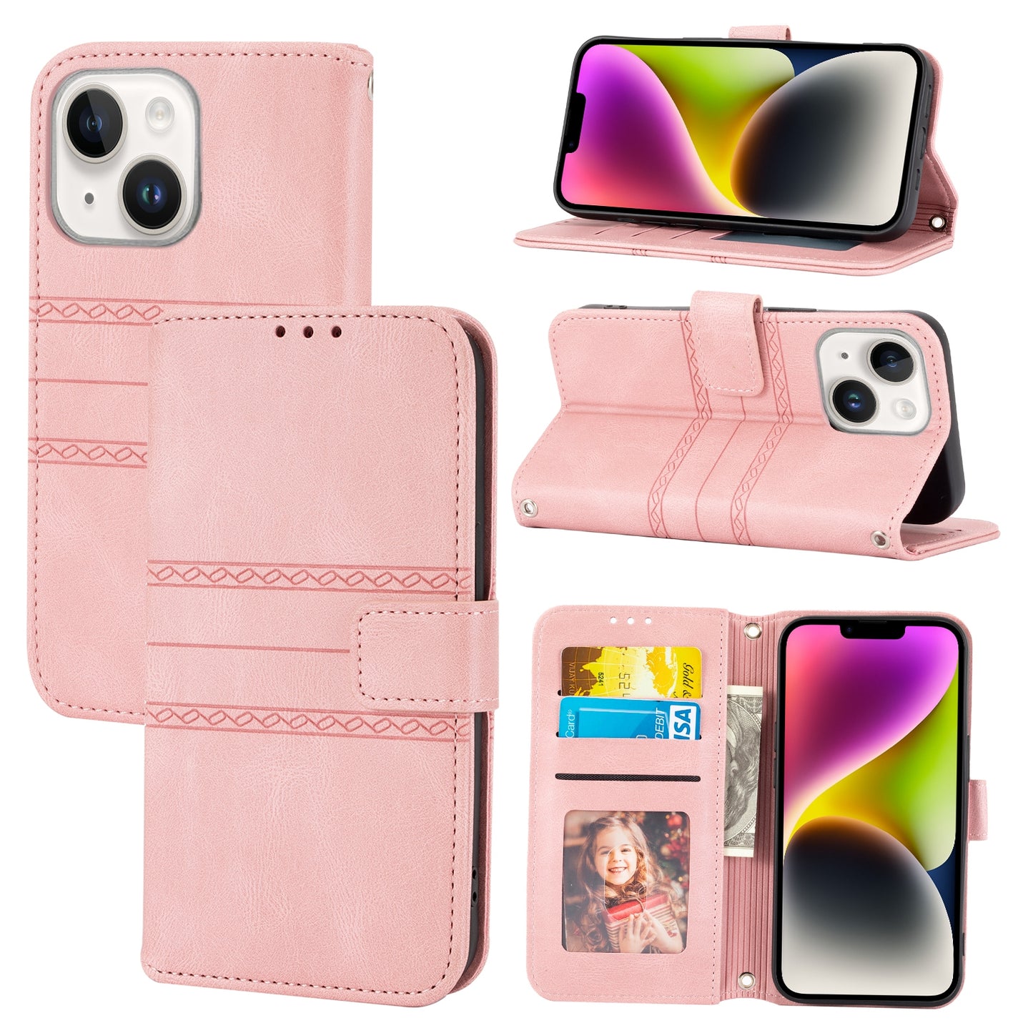 ELECTROPRIME For iPhone 15 Embossed Stripes Skin Feel Leather Phone Case(Pink)