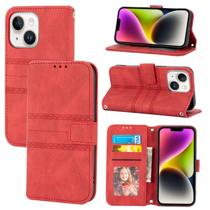 ELECTROPRIME For iPhone 15 Embossed Stripes Skin Feel Leather Phone Case(Red)