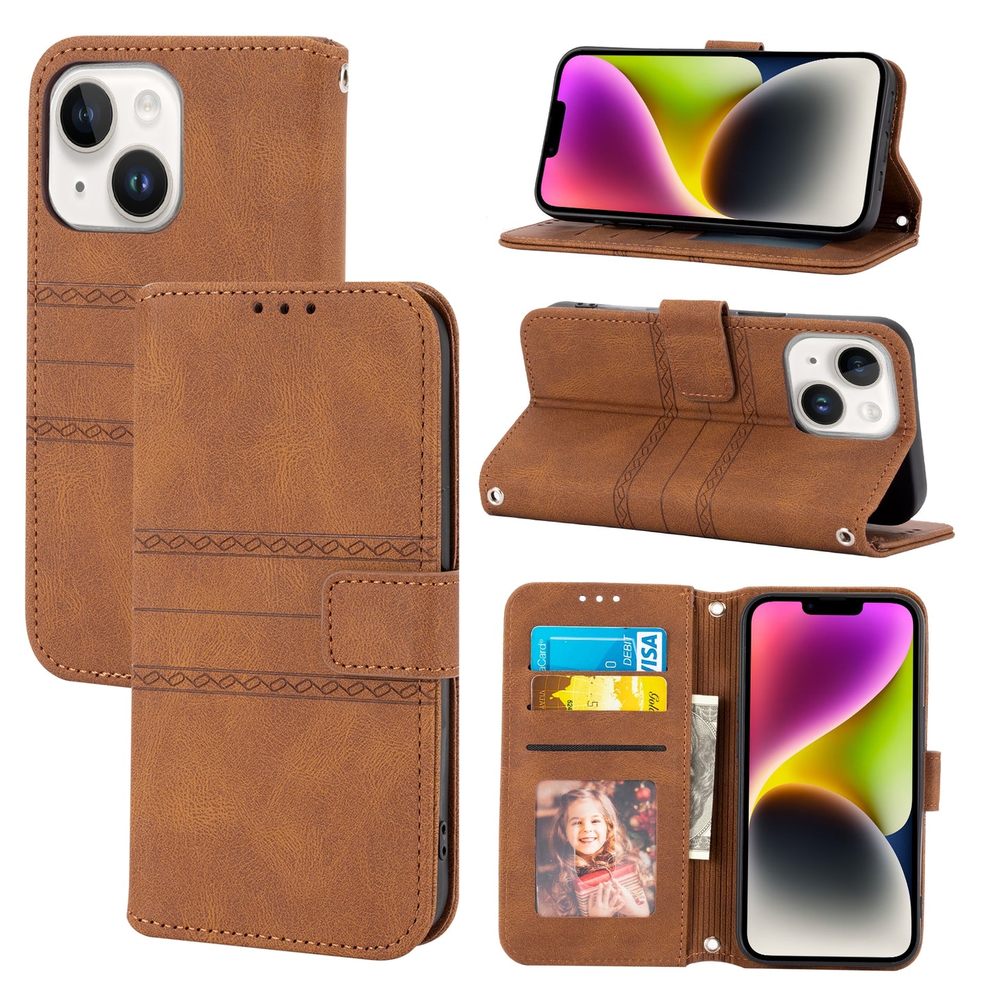 ELECTROPRIME For iPhone 15 Embossed Stripes Skin Feel Leather Phone Case(Brown)