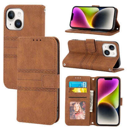 ELECTROPRIME For iPhone 15 Embossed Stripes Skin Feel Leather Phone Case(Brown)