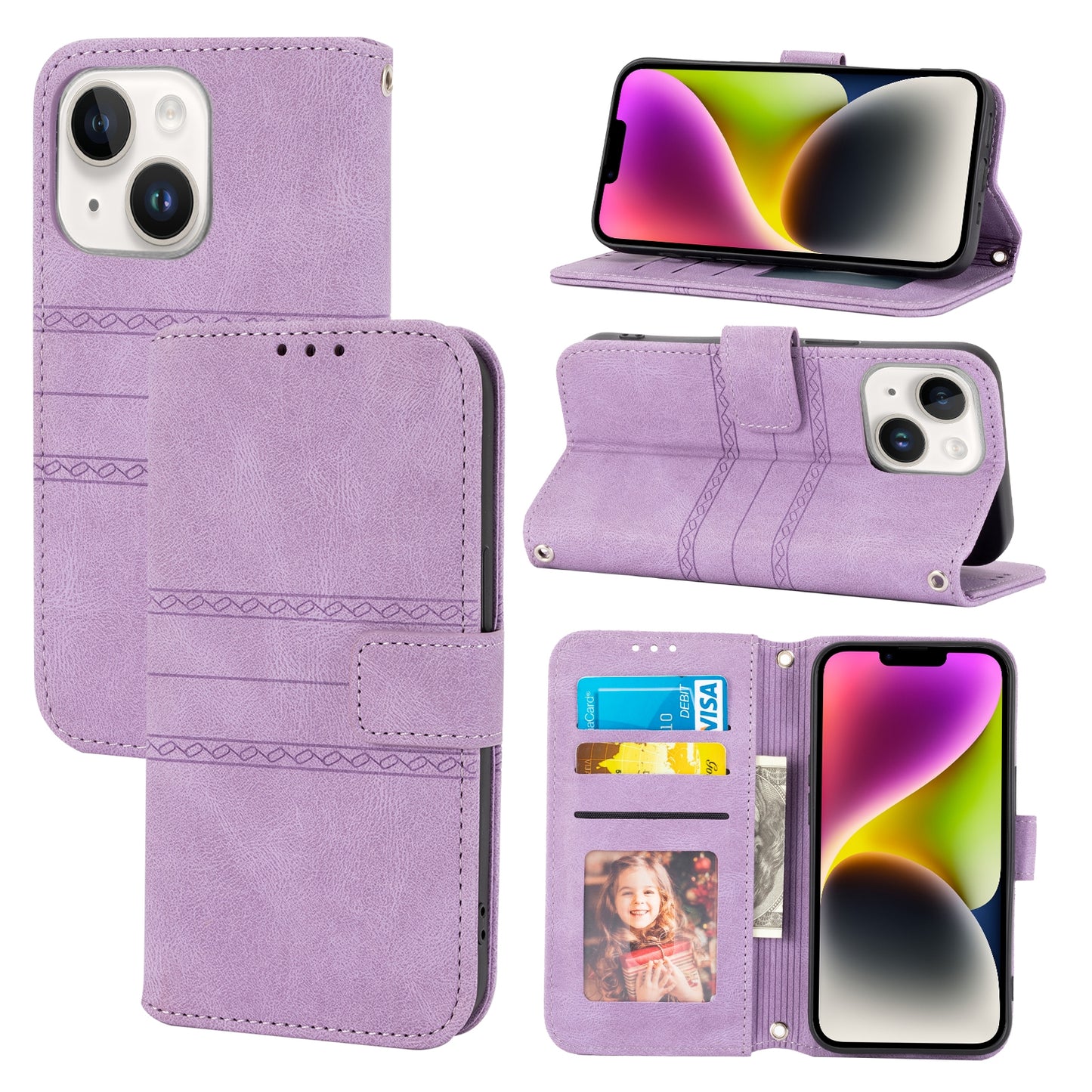 ELECTROPRIME For iPhone 15 Embossed Stripes Skin Feel Leather Phone Case(Light Purple)