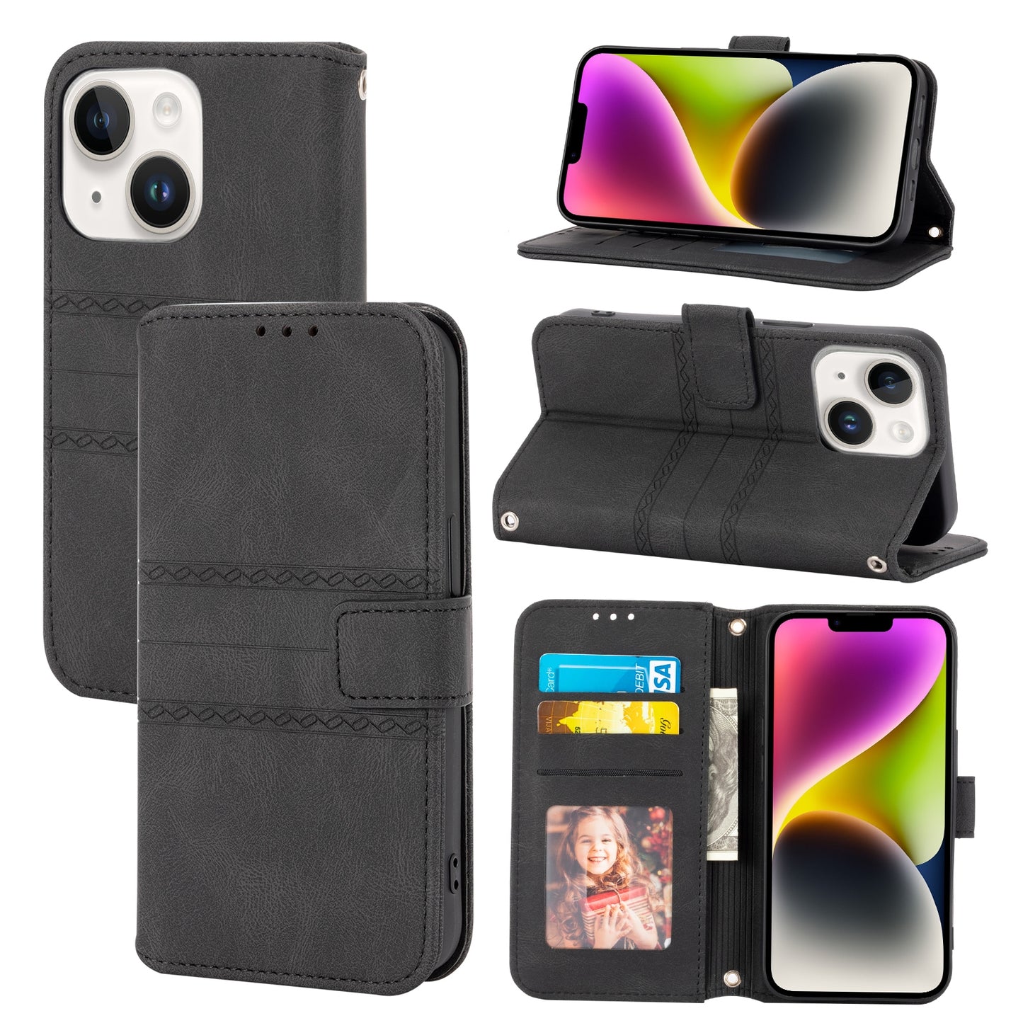 ELECTROPRIME For iPhone 15 Embossed Stripes Skin Feel Leather Phone Case(Black)