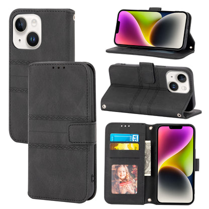 ELECTROPRIME For iPhone 15 Embossed Stripes Skin Feel Leather Phone Case(Black)