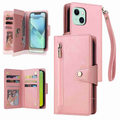 ELECTROPRIME For iPhone 15 Rivet Buckle 9 Cards Three Fold Leather Phone Case(Rose Gold)