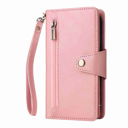 ELECTROPRIME For iPhone 15 Rivet Buckle 9 Cards Three Fold Leather Phone Case(Rose Gold)