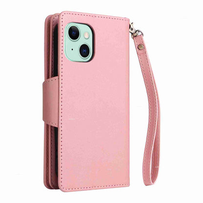 ELECTROPRIME For iPhone 15 Rivet Buckle 9 Cards Three Fold Leather Phone Case(Rose Gold)
