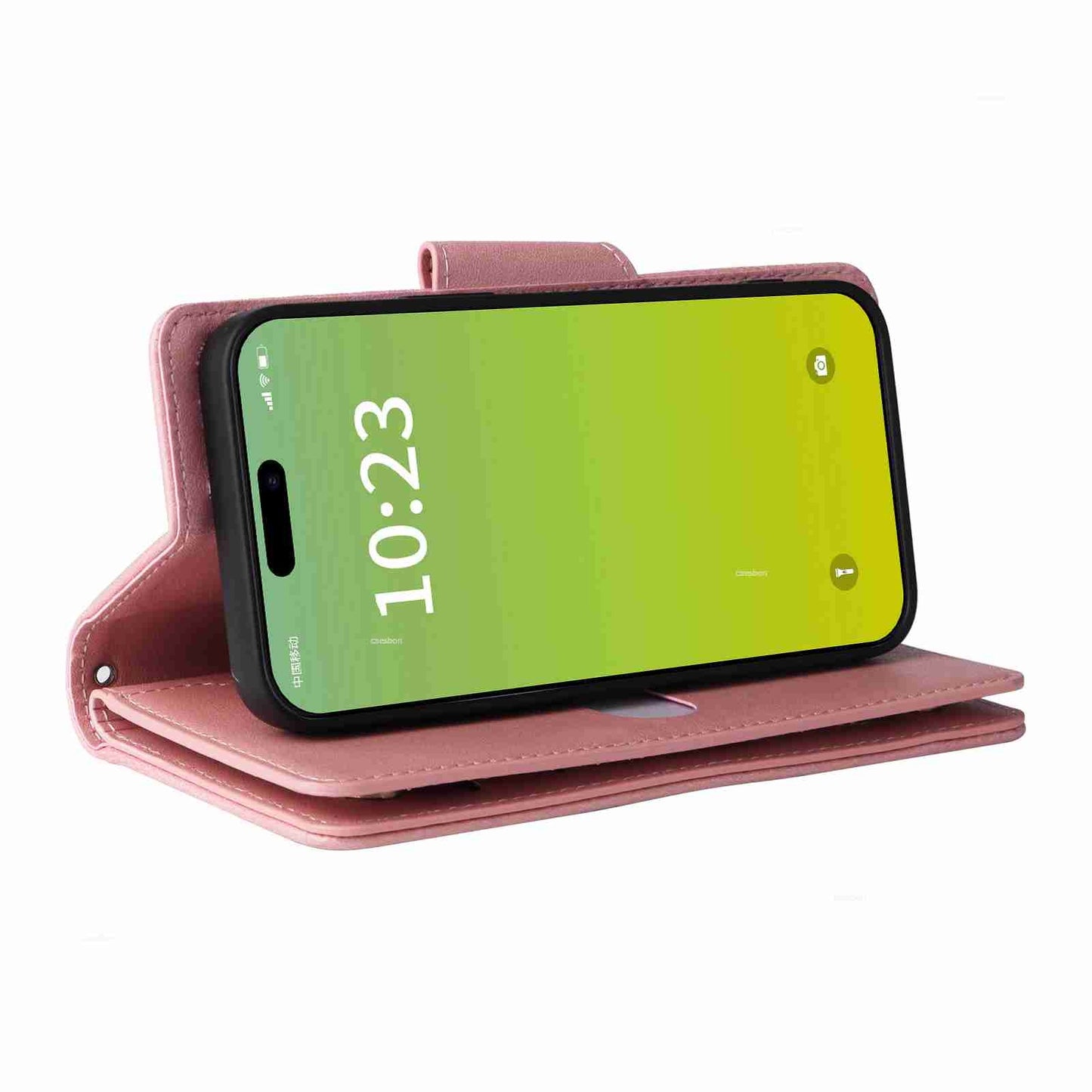 ELECTROPRIME For iPhone 15 Rivet Buckle 9 Cards Three Fold Leather Phone Case(Rose Gold)