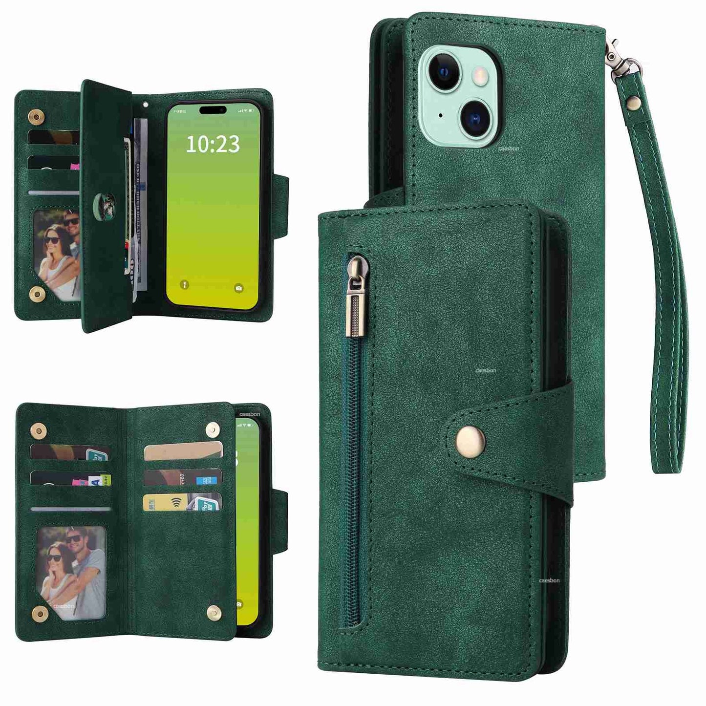ELECTROPRIME For iPhone 15 Rivet Buckle 9 Cards Three Fold Leather Phone Case(Green)