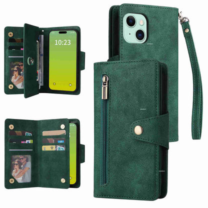 ELECTROPRIME For iPhone 15 Rivet Buckle 9 Cards Three Fold Leather Phone Case(Green)