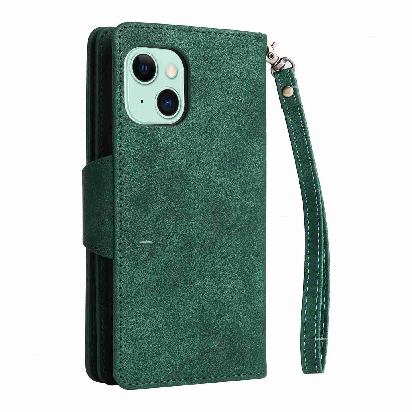 ELECTROPRIME For iPhone 15 Rivet Buckle 9 Cards Three Fold Leather Phone Case(Green)