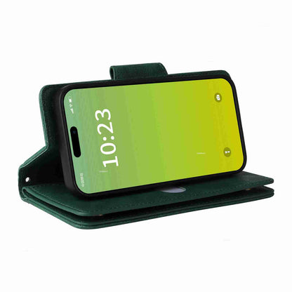 ELECTROPRIME For iPhone 15 Rivet Buckle 9 Cards Three Fold Leather Phone Case(Green)