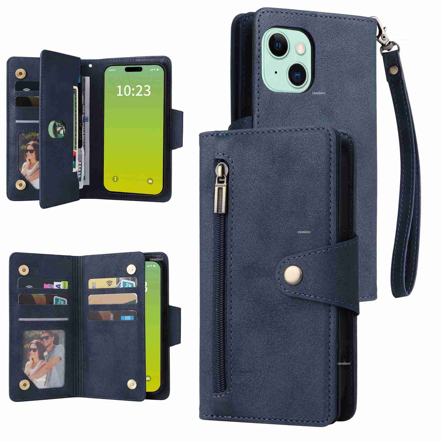 ELECTROPRIME For iPhone 15 Rivet Buckle 9 Cards Three Fold Leather Phone Case(Blue)