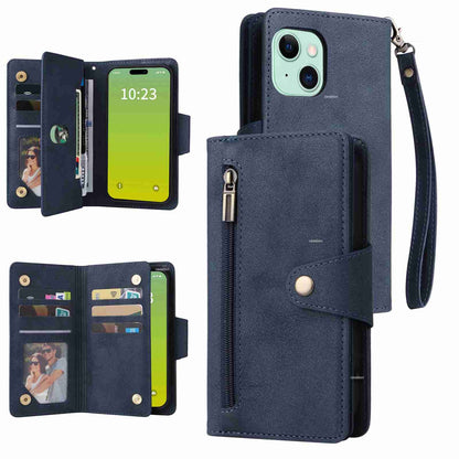 ELECTROPRIME For iPhone 15 Rivet Buckle 9 Cards Three Fold Leather Phone Case(Blue)