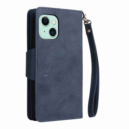 ELECTROPRIME For iPhone 15 Rivet Buckle 9 Cards Three Fold Leather Phone Case(Blue)