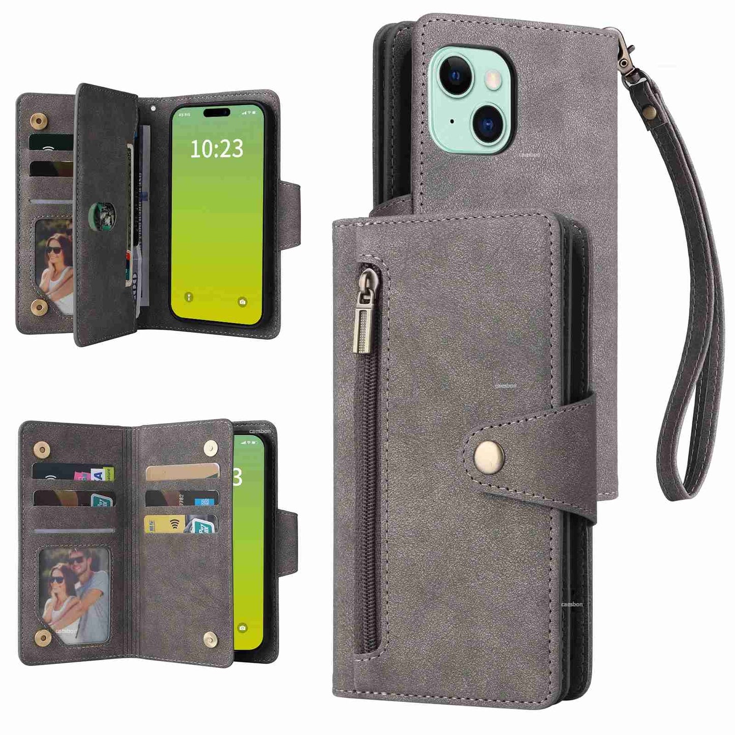 ELECTROPRIME For iPhone 15 Rivet Buckle 9 Cards Three Fold Leather Phone Case(Grey)