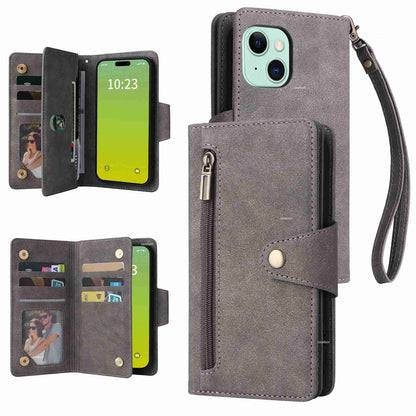 ELECTROPRIME For iPhone 15 Rivet Buckle 9 Cards Three Fold Leather Phone Case(Grey)
