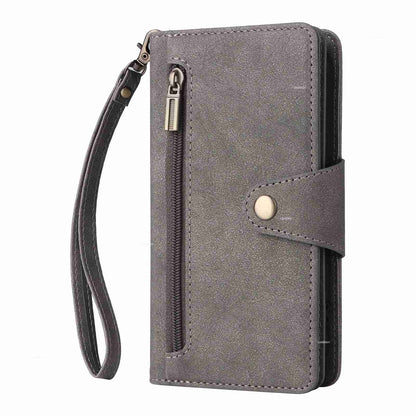 ELECTROPRIME For iPhone 15 Rivet Buckle 9 Cards Three Fold Leather Phone Case(Grey)
