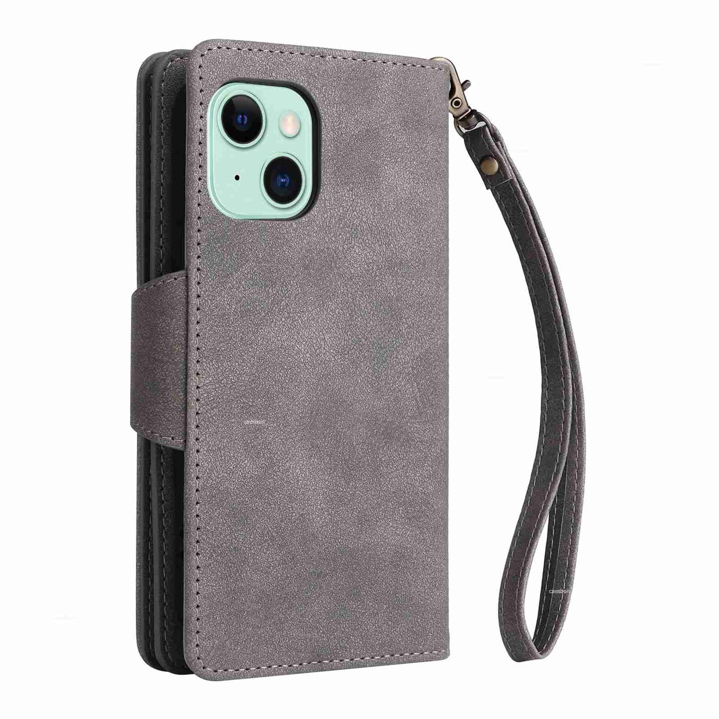 ELECTROPRIME For iPhone 15 Rivet Buckle 9 Cards Three Fold Leather Phone Case(Grey)
