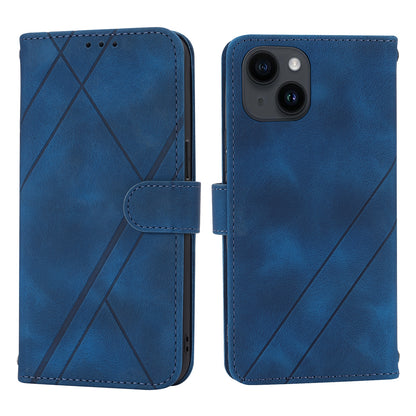 ELECTROPRIME For iPhone 15 Plus Embossed Line Leather Phone Case with Lanyard(Blue)
