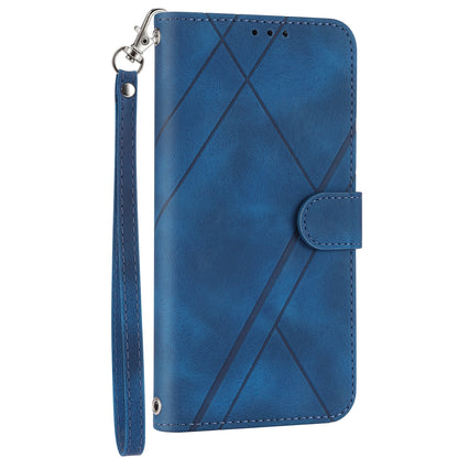 ELECTROPRIME For iPhone 15 Plus Embossed Line Leather Phone Case with Lanyard(Blue)