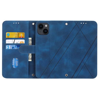 ELECTROPRIME For iPhone 15 Plus Embossed Line Leather Phone Case with Lanyard(Blue)
