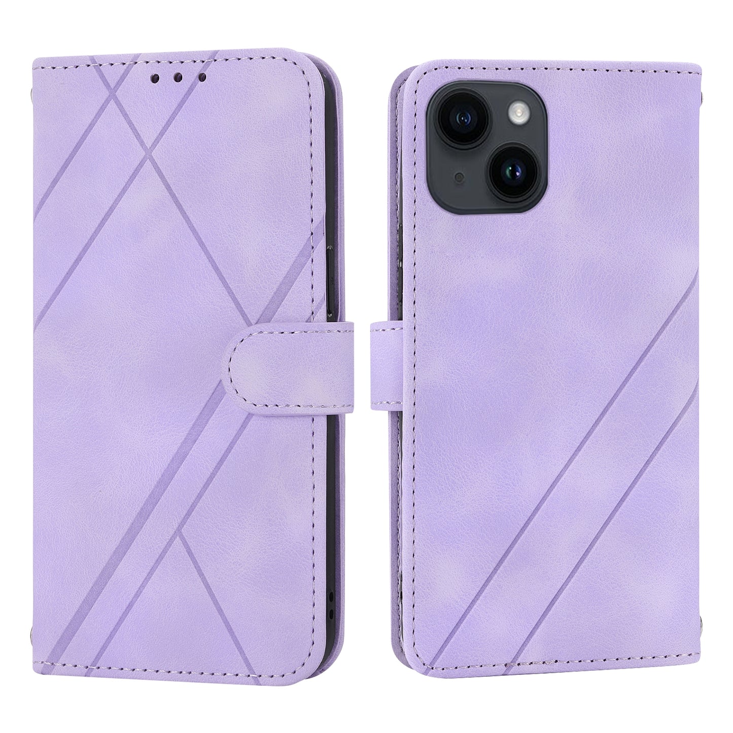 ELECTROPRIME For iPhone 15 Embossed Line Leather Phone Case with Lanyard(Purple)
