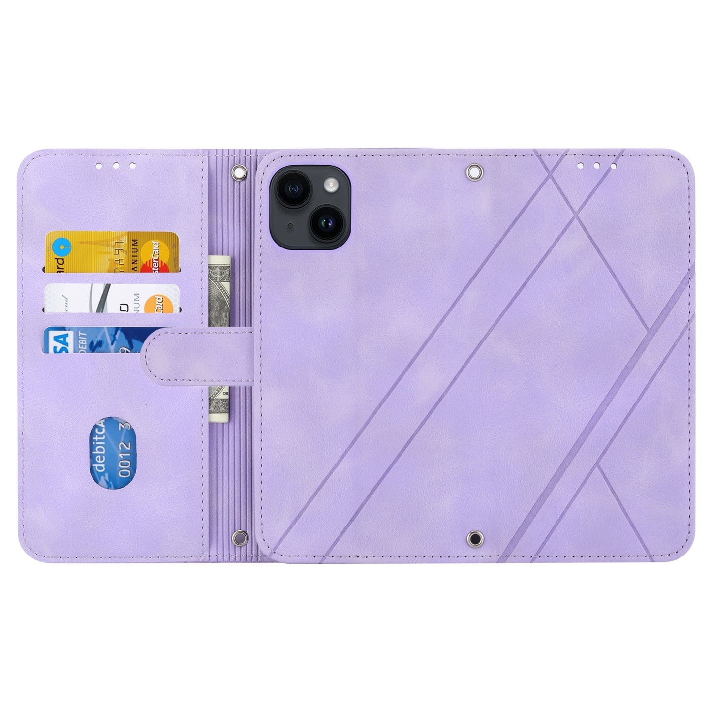 ELECTROPRIME For iPhone 15 Embossed Line Leather Phone Case with Lanyard(Purple)