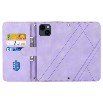ELECTROPRIME For iPhone 15 Embossed Line Leather Phone Case with Lanyard(Purple)