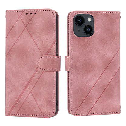 ELECTROPRIME For iPhone 15 Embossed Line Leather Phone Case with Lanyard(Pink)